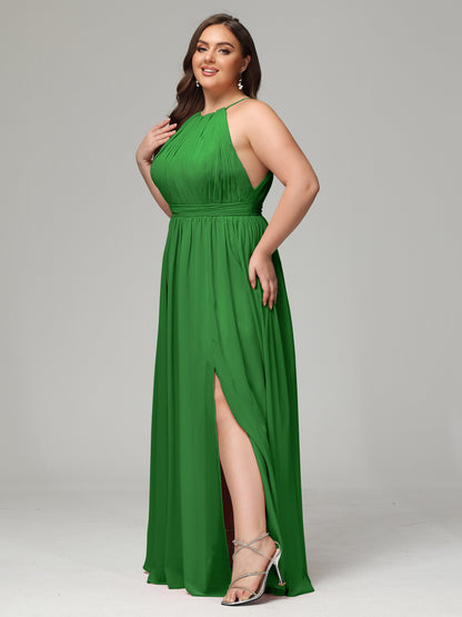 Floor Length Halter Plus Size Split Chiffon Bridesmaid Dresses