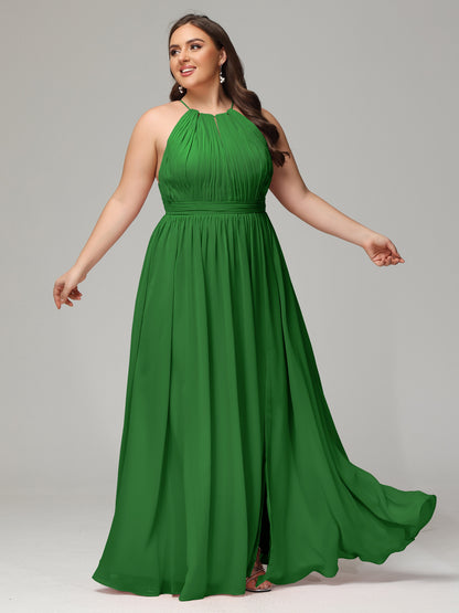 Floor Length Halter Plus Size Split Chiffon Bridesmaid Dresses