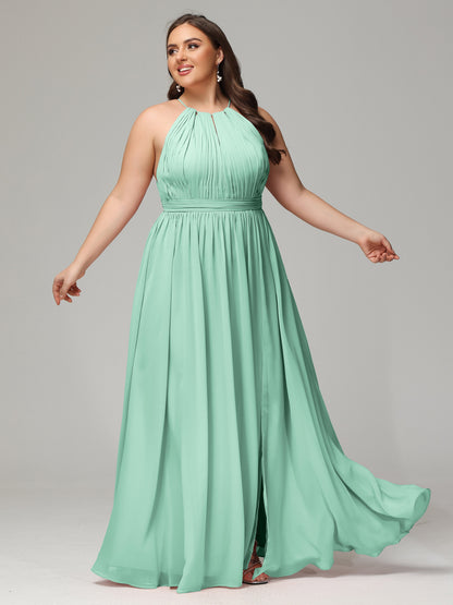 Floor Length Halter Plus Size Split Chiffon Bridesmaid Dresses