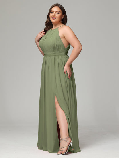 Floor Length Halter Plus Size Split Chiffon Bridesmaid Dresses