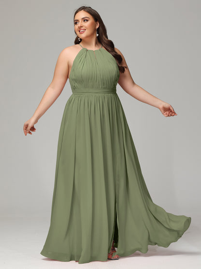 Floor Length Halter Plus Size Split Chiffon Bridesmaid Dresses