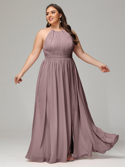 Floor Length Halter Plus Size Split Chiffon Bridesmaid Dresses