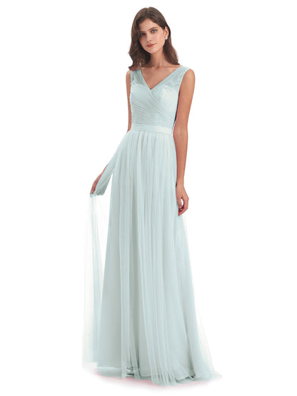 Mila Floor Length V-Neck Tulle Bridesmaid Dresses