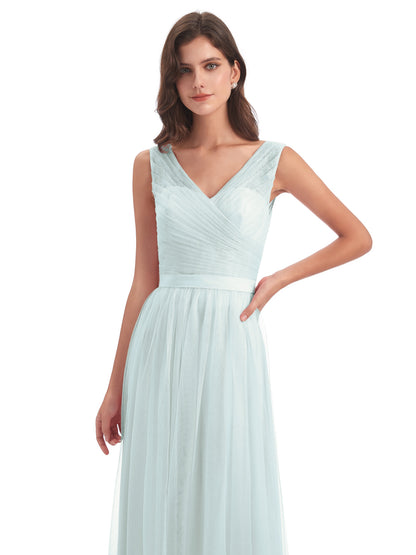 Mila Floor Length V-Neck Tulle Bridesmaid Dresses