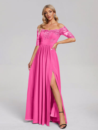 Keira Off the Shoulder Appliqued Lace Chiffon Bridesmaid Dress
