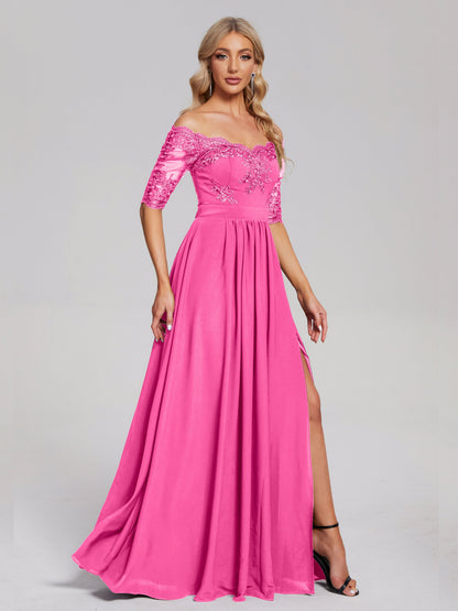 Keira Off the Shoulder Appliqued Lace Chiffon Bridesmaid Dress