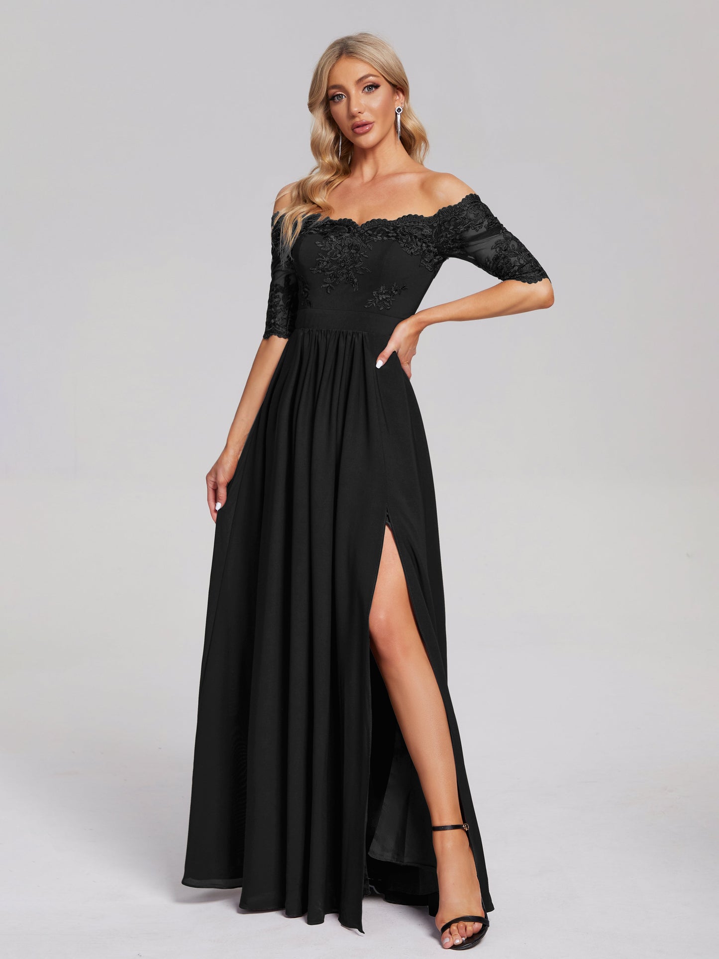 Keira Off the Shoulder Appliqued Lace Chiffon Bridesmaid Dress