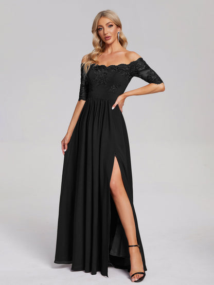 Keira Off the Shoulder Appliqued Lace Chiffon Bridesmaid Dress