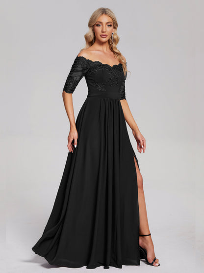 Keira Off the Shoulder Appliqued Lace Chiffon Bridesmaid Dress