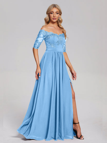 Keira Off the Shoulder Appliqued Lace Chiffon Bridesmaid Dress