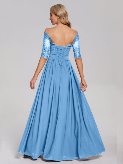 Keira Off the Shoulder Appliqued Lace Chiffon Bridesmaid Dress