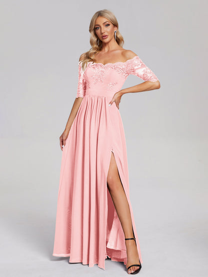 Keira Off the Shoulder Appliqued Lace Chiffon Bridesmaid Dress