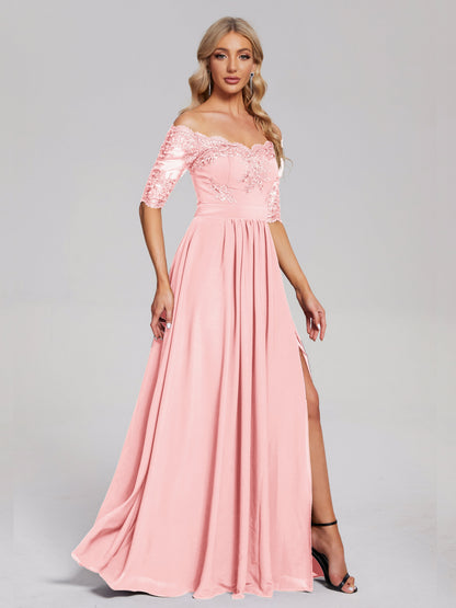 Keira Off the Shoulder Appliqued Lace Chiffon Bridesmaid Dress