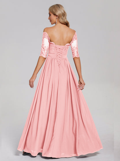 Keira Off the Shoulder Appliqued Lace Chiffon Bridesmaid Dress