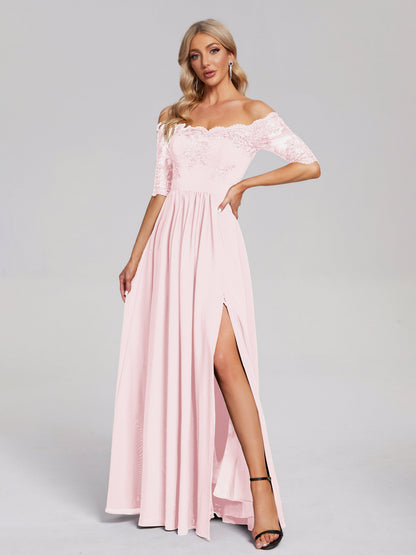 Keira Off the Shoulder Appliqued Lace Chiffon Bridesmaid Dress