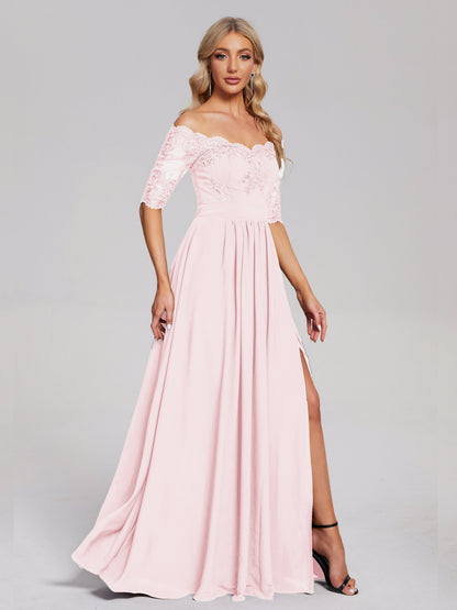 Keira Off the Shoulder Appliqued Lace Chiffon Bridesmaid Dress