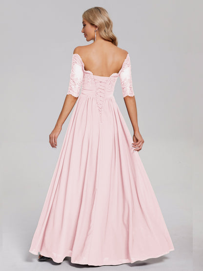 Keira Off the Shoulder Appliqued Lace Chiffon Bridesmaid Dress