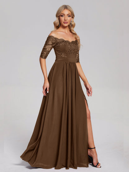 Keira Off the Shoulder Appliqued Lace Chiffon Bridesmaid Dress
