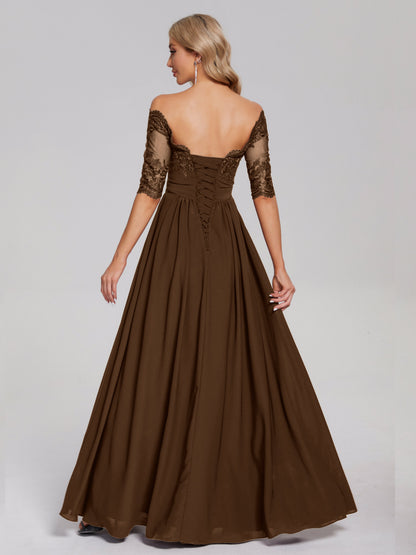 Keira Off the Shoulder Appliqued Lace Chiffon Bridesmaid Dress