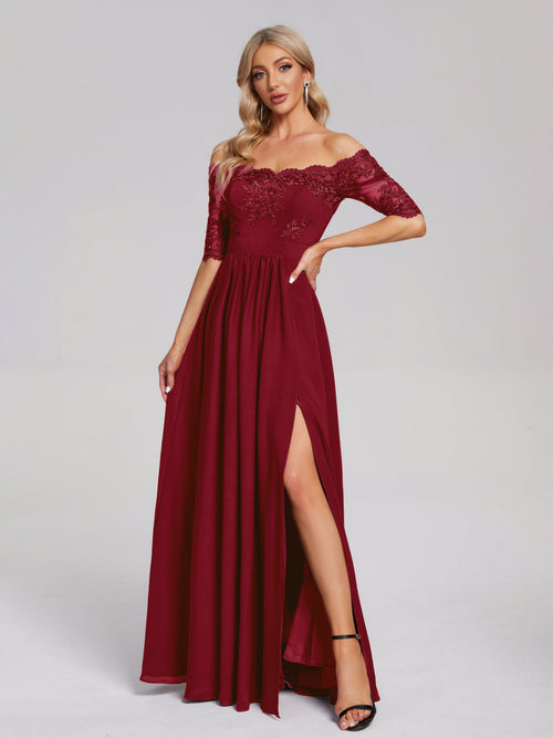 Keira Off the Shoulder Appliqued Lace Chiffon Bridesmaid Dress