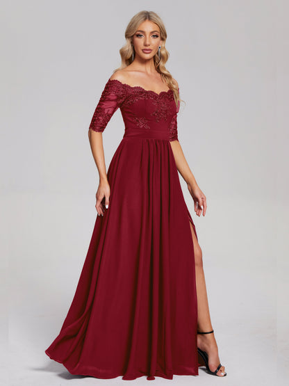 Keira Off the Shoulder Appliqued Lace Chiffon Bridesmaid Dress