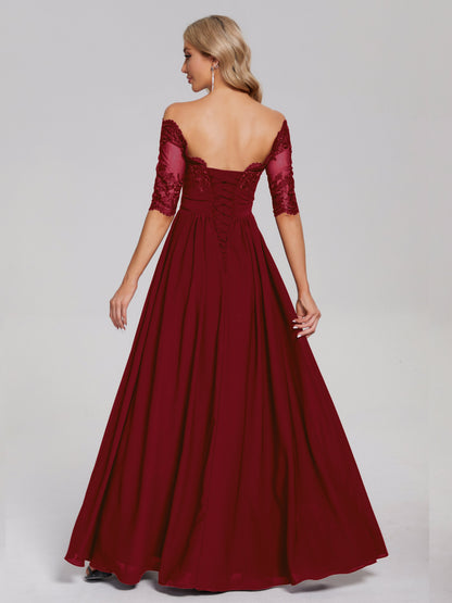Keira Off the Shoulder Appliqued Lace Chiffon Bridesmaid Dress