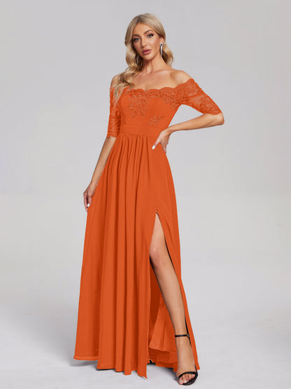 Keira Off the Shoulder Appliqued Lace Chiffon Bridesmaid Dress