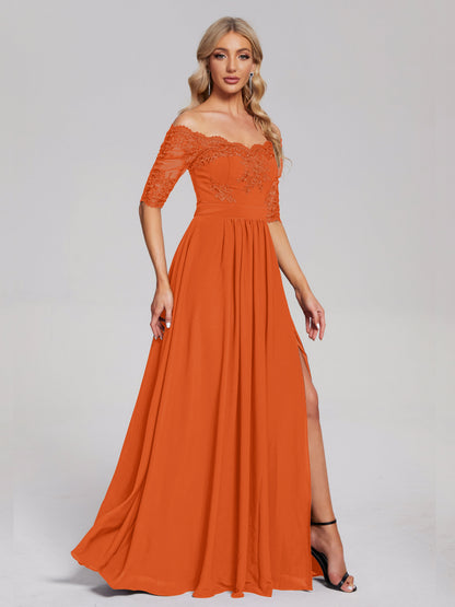 Keira Off the Shoulder Appliqued Lace Chiffon Bridesmaid Dress