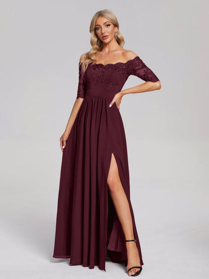 Keira Off the Shoulder Appliqued Lace Chiffon Bridesmaid Dress