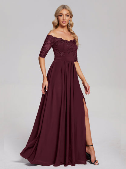 Keira Off the Shoulder Appliqued Lace Chiffon Bridesmaid Dress