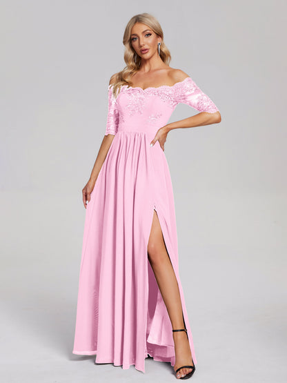 Keira Off the Shoulder Appliqued Lace Chiffon Bridesmaid Dress