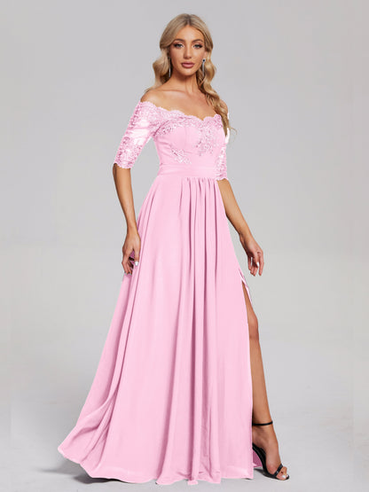 Keira Off the Shoulder Appliqued Lace Chiffon Bridesmaid Dress