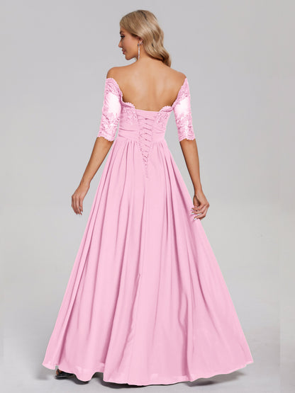 Keira Off the Shoulder Appliqued Lace Chiffon Bridesmaid Dress