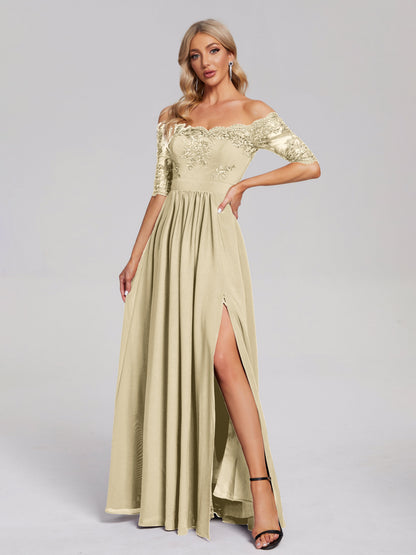 Keira Off the Shoulder Appliqued Lace Chiffon Bridesmaid Dress
