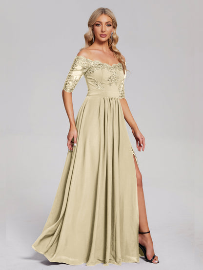 Keira Off the Shoulder Appliqued Lace Chiffon Bridesmaid Dress