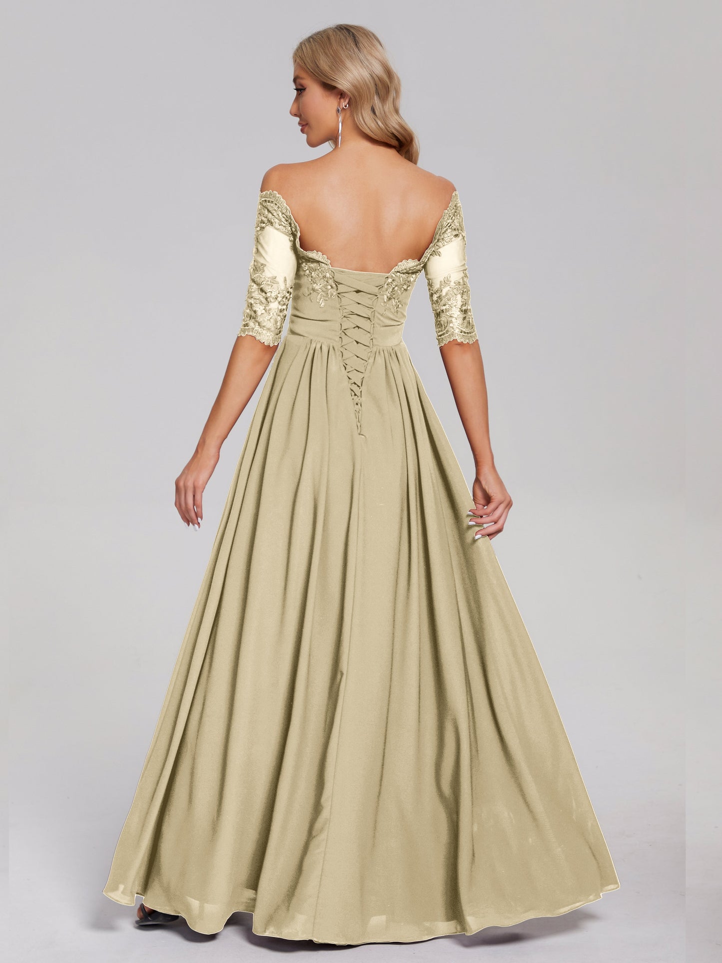Keira Off the Shoulder Appliqued Lace Chiffon Bridesmaid Dress