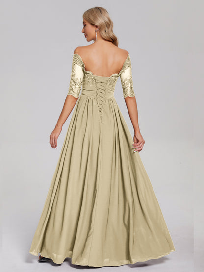 Keira Off the Shoulder Appliqued Lace Chiffon Bridesmaid Dress