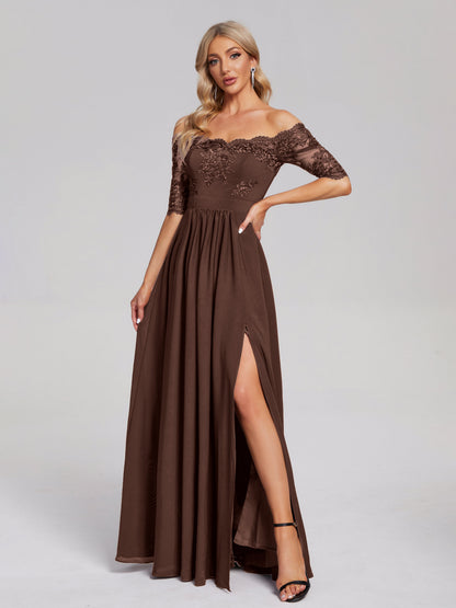 Keira Off the Shoulder Appliqued Lace Chiffon Bridesmaid Dress