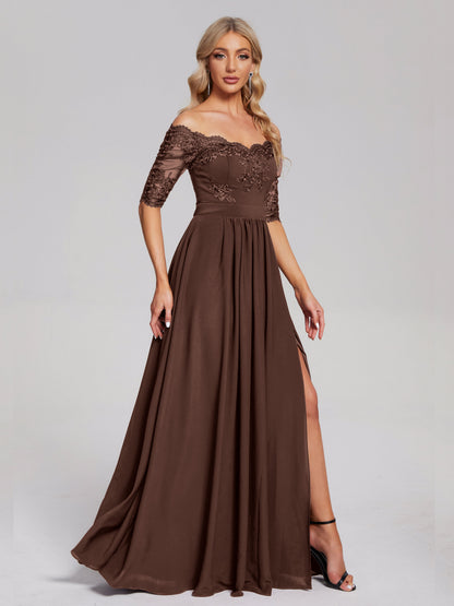 Keira Off the Shoulder Appliqued Lace Chiffon Bridesmaid Dress