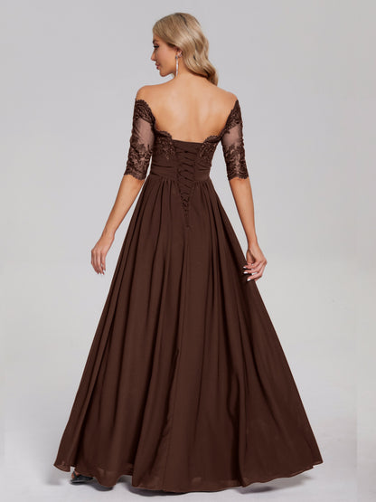 Keira Off the Shoulder Appliqued Lace Chiffon Bridesmaid Dress