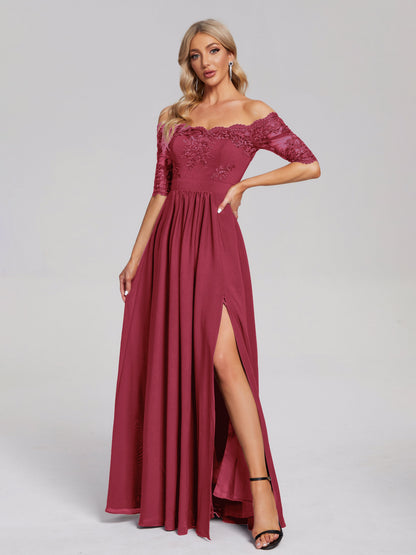 Keira Off the Shoulder Appliqued Lace Chiffon Bridesmaid Dress