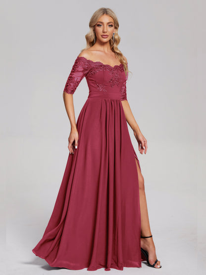 Keira Off the Shoulder Appliqued Lace Chiffon Bridesmaid Dress