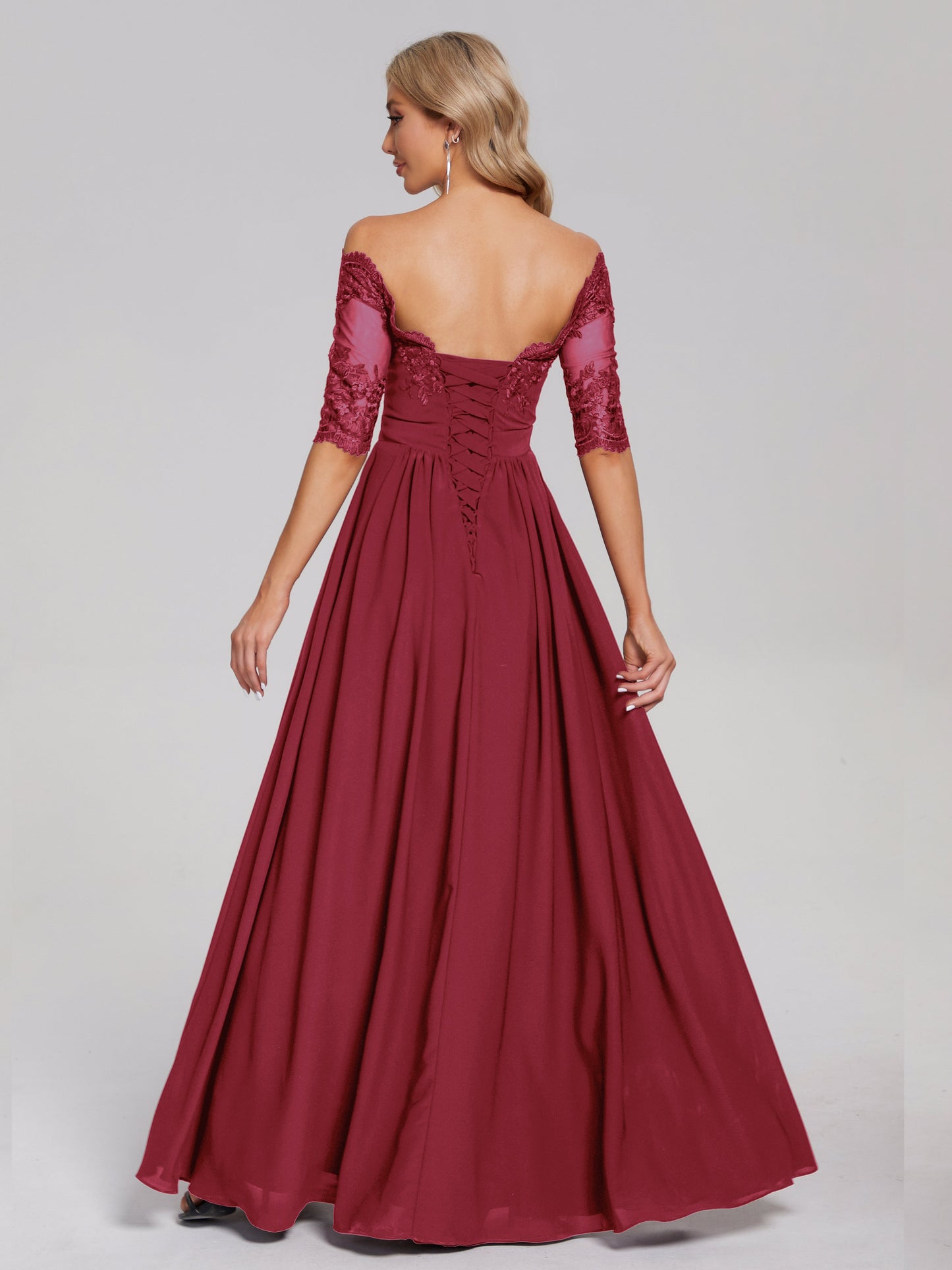 Keira Off the Shoulder Appliqued Lace Chiffon Bridesmaid Dress
