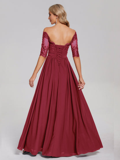 Keira Off the Shoulder Appliqued Lace Chiffon Bridesmaid Dress