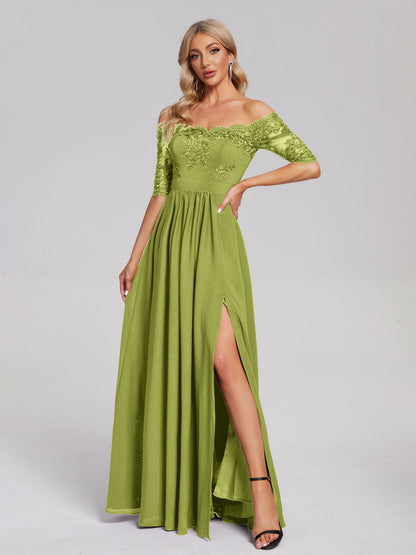Keira Off the Shoulder Appliqued Lace Chiffon Bridesmaid Dress