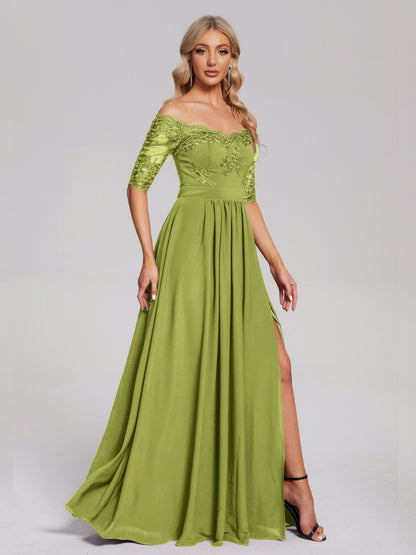 Keira Off the Shoulder Appliqued Lace Chiffon Bridesmaid Dress