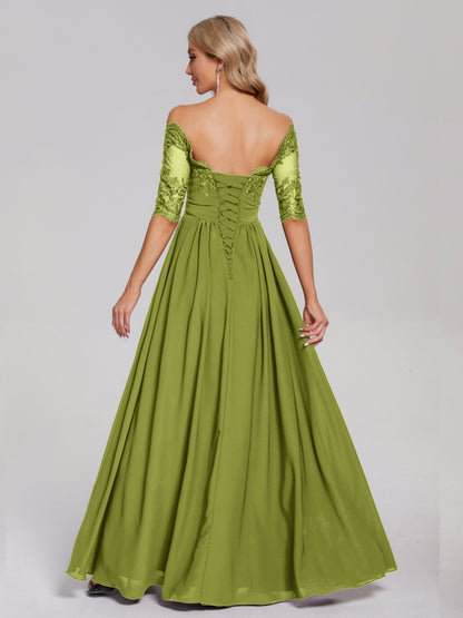 Keira Off the Shoulder Appliqued Lace Chiffon Bridesmaid Dress