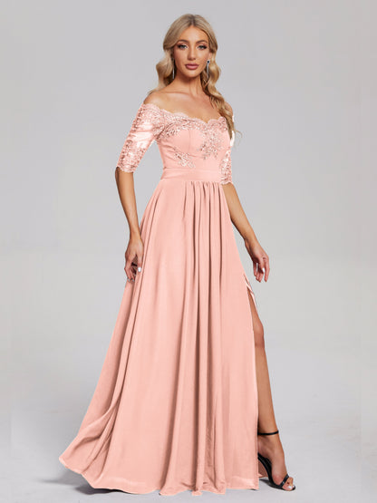 Keira Off the Shoulder Appliqued Lace Chiffon Bridesmaid Dress
