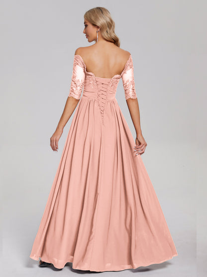 Keira Off the Shoulder Appliqued Lace Chiffon Bridesmaid Dress