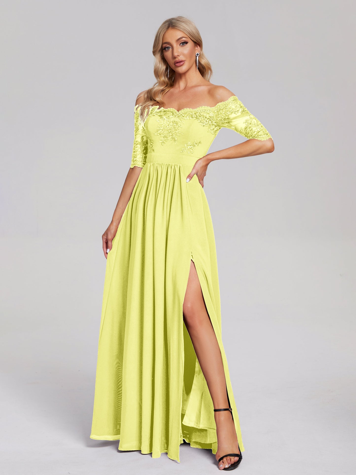 Keira Off the Shoulder Appliqued Lace Chiffon Bridesmaid Dress